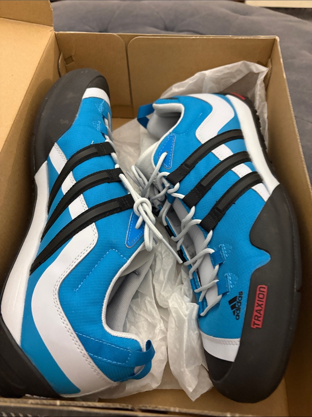 adidas Terrex Swift SoloBlue White Athletic Traxion Sneakers with Black Stripes